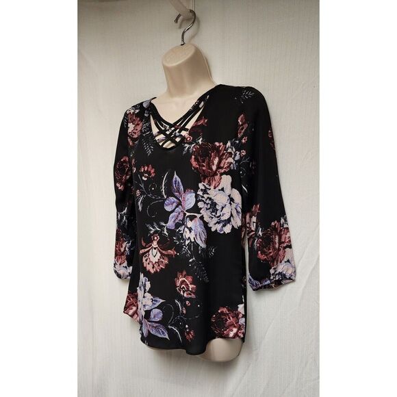 Maurices Floral 3/4 Sleeve V Neck Criss Cross Sheer Chiffon Black Blouse Size XS - Picture 6 of 8